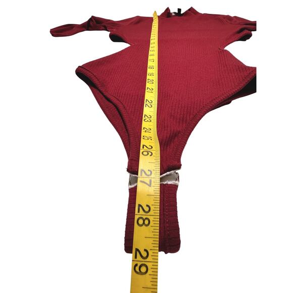 Lulus Wine- Red Ribbed Cut-Out Mock Neck Bodysuit Size XS - Picture 5 of 8